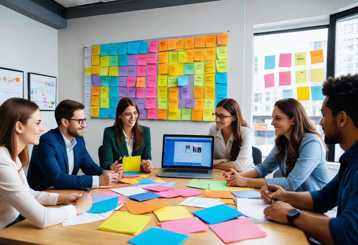 A dynamic scene featuring a diverse group of professionals collaborating on a video marketing project, surrounded by screens displaying engaging video content, graphs showcasing growth, and vibrant brainstorming notes. Emphasize creativity and teamwork with bright colors and engaging visuals that represent innovative strategies. super-realistic. vibrant colors. contemporary office background.