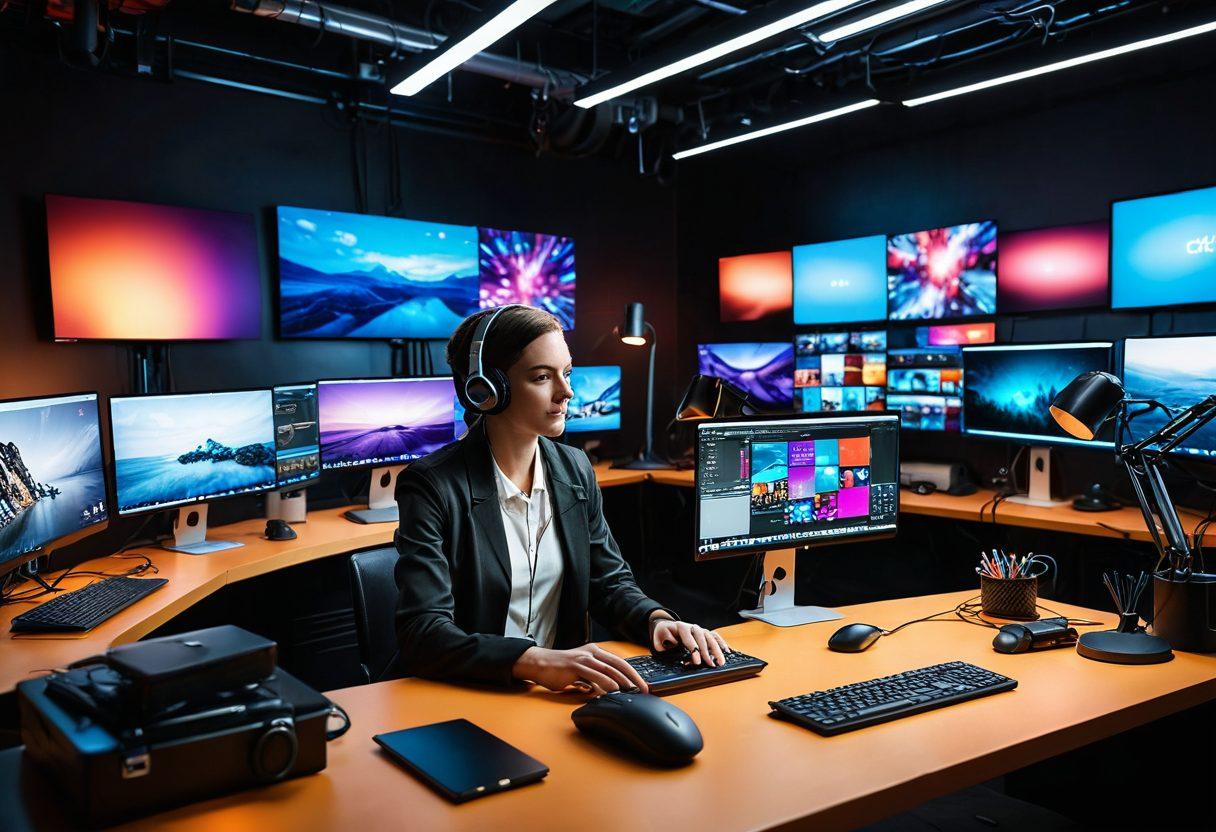 A creative workspace filled with vibrant technology elements like laptops, cameras, and microphones, depicting a content creator passionately crafting video content. An array of colorful video editing software interfaces floats in the background, symbolizing digital engagement. The scene is illuminated with bright, modern lighting, capturing the dynamic essence of the digital age. super-realistic. vibrant colors. 3D.