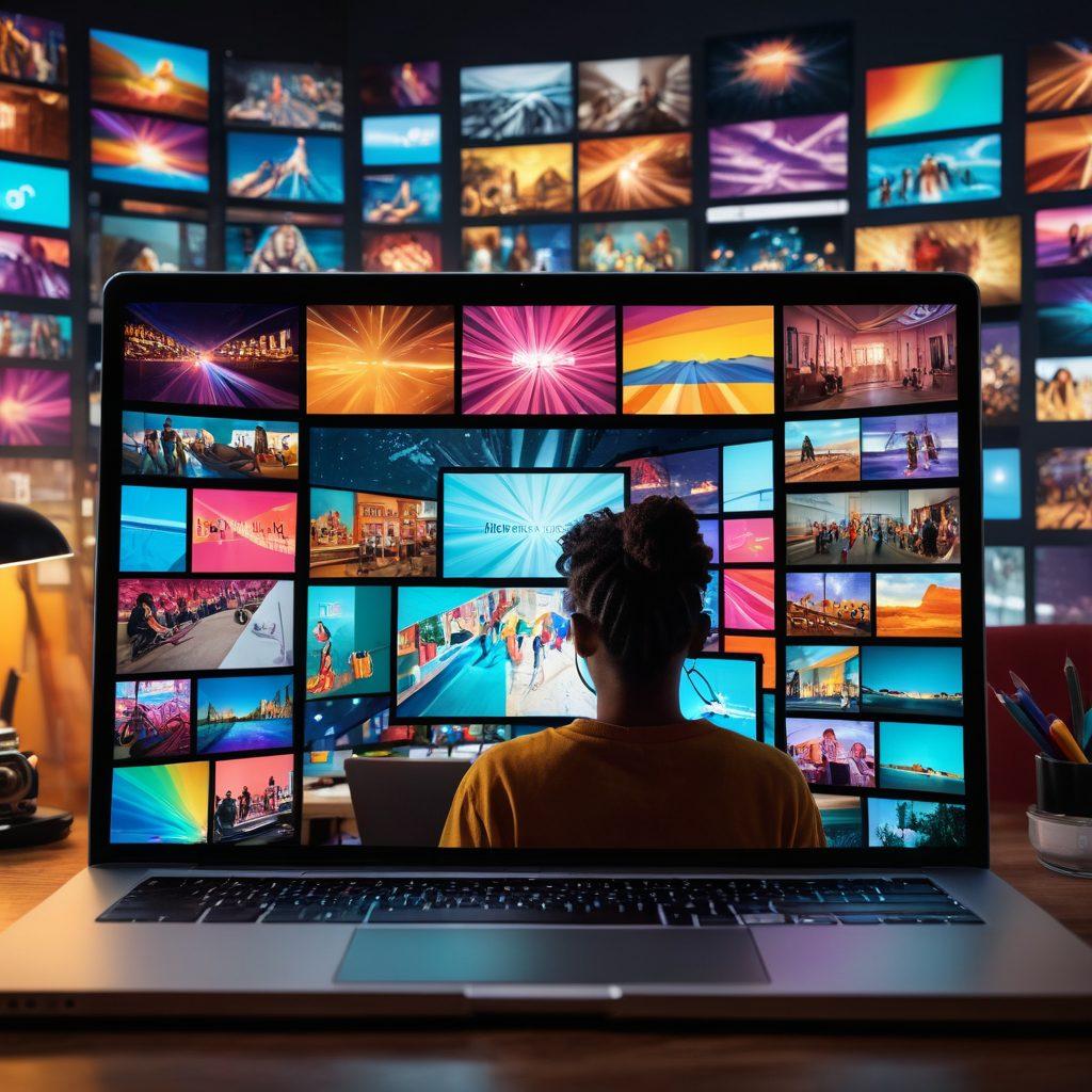 A dynamic scene showcasing an open laptop with colorful video editing software visible on the screen, surrounded by vibrant storyboards, film reels, and a glowing light bulb representing creativity. Include a diverse group of people collaborating around the laptop, conveying excitement and engagement. The background should have abstract visual elements symbolizing digital storytelling and video production. super-realistic. vibrant colors.